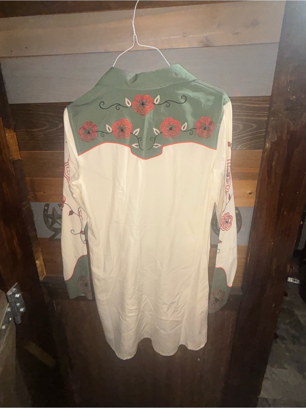 Panhandle Slim Cream Shirt Dress with Olive Trim and Floral Embroidery - Picture 4 of 5
